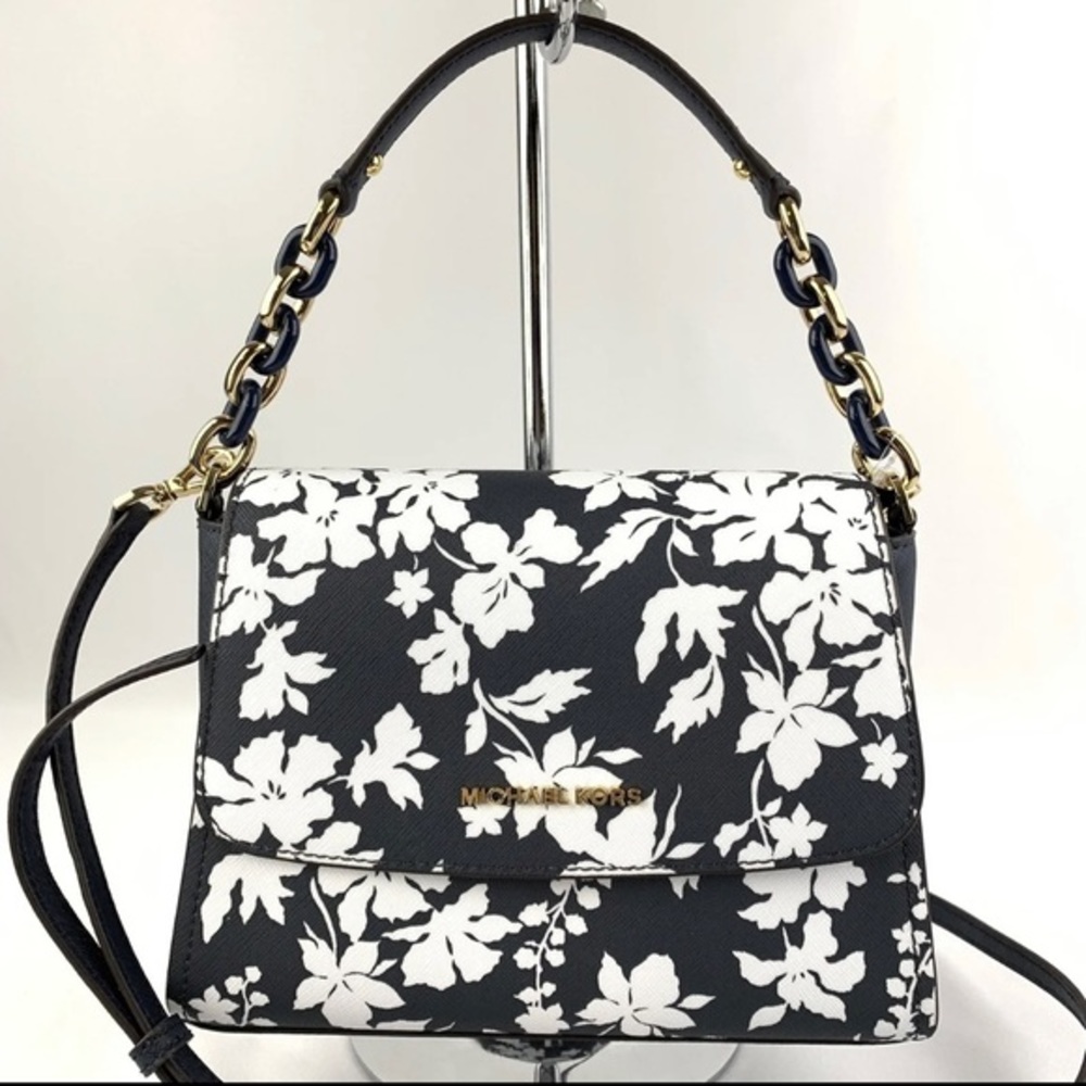 Michael Kors Sofia Portia Small East West Satchel Crossbody Navy/White